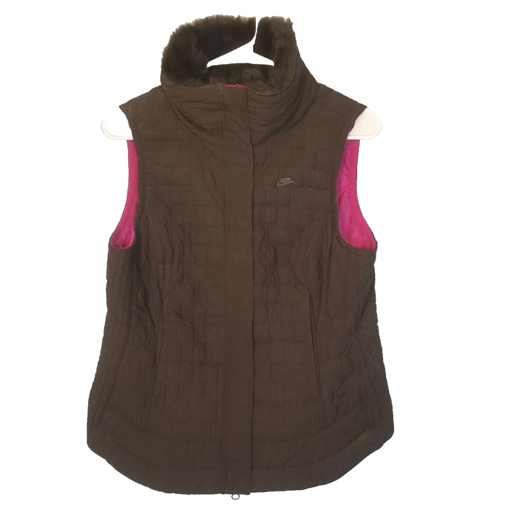 Nike Women's Faux Fur Collar Quilted Vest Brown/Fuchsia 2-Way‎ Zipper Medium